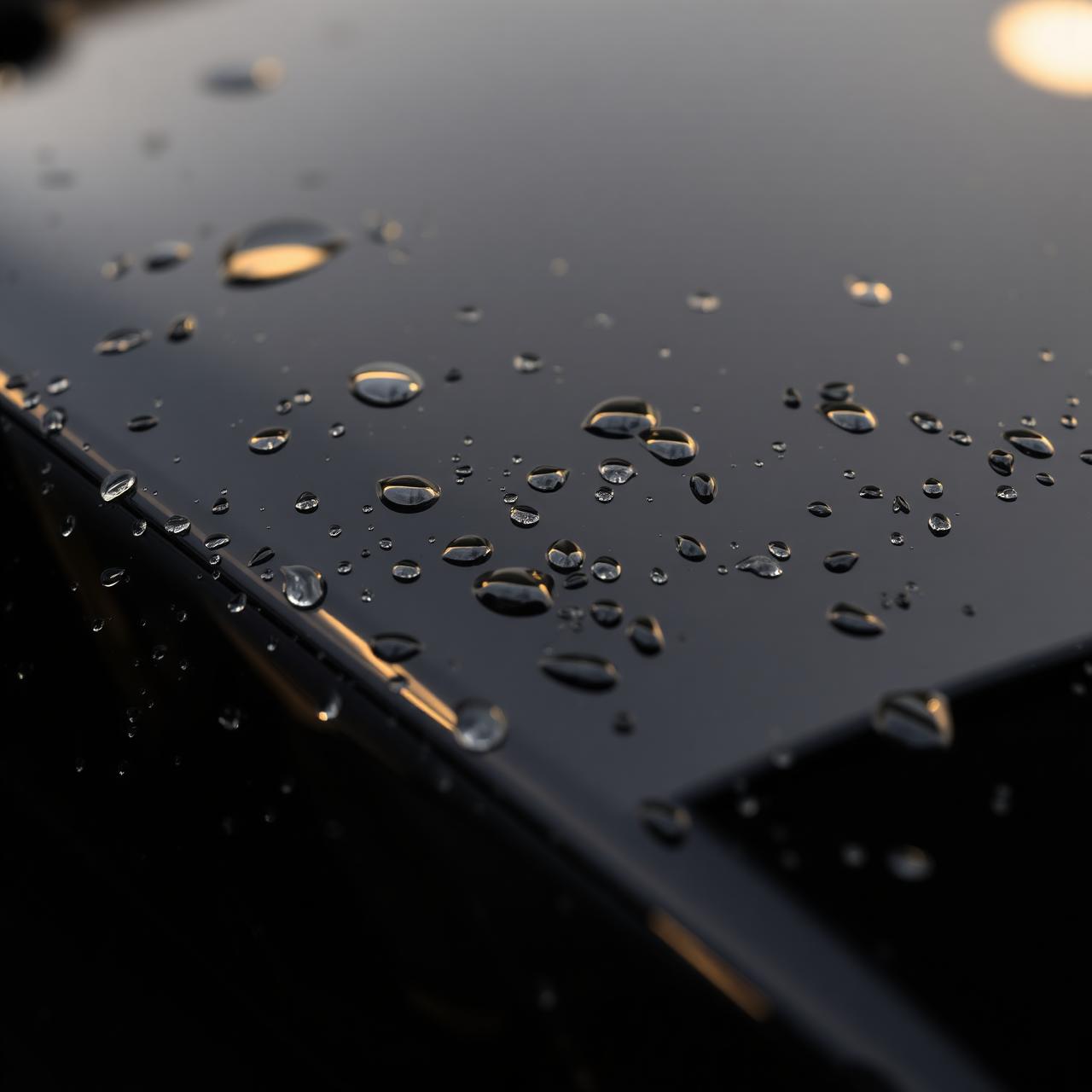 Macro detail of polished car paint with water beads